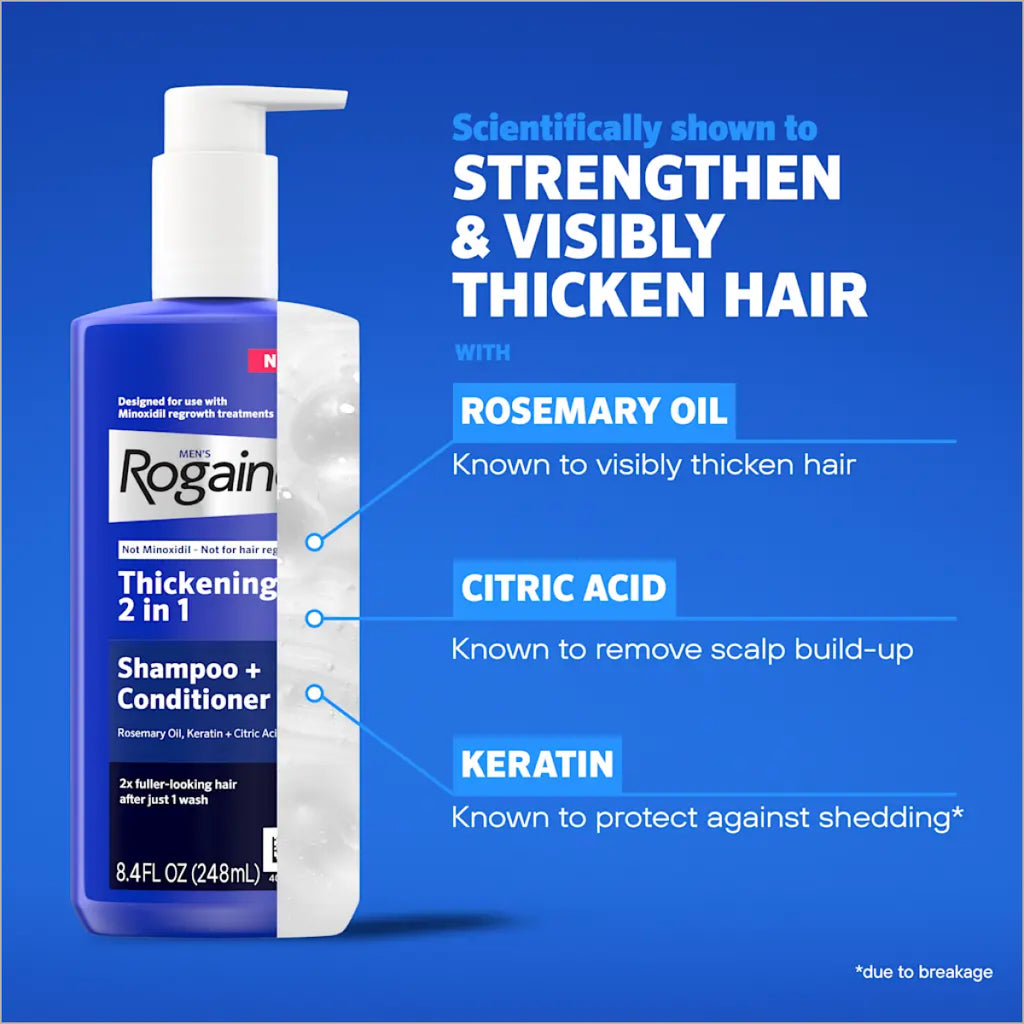 Men's ROGAINE Hair Thickening 2 in 1 Shampoo + Conditioner for fuller-looking, healthier hair at TheSkinful Pakistan.