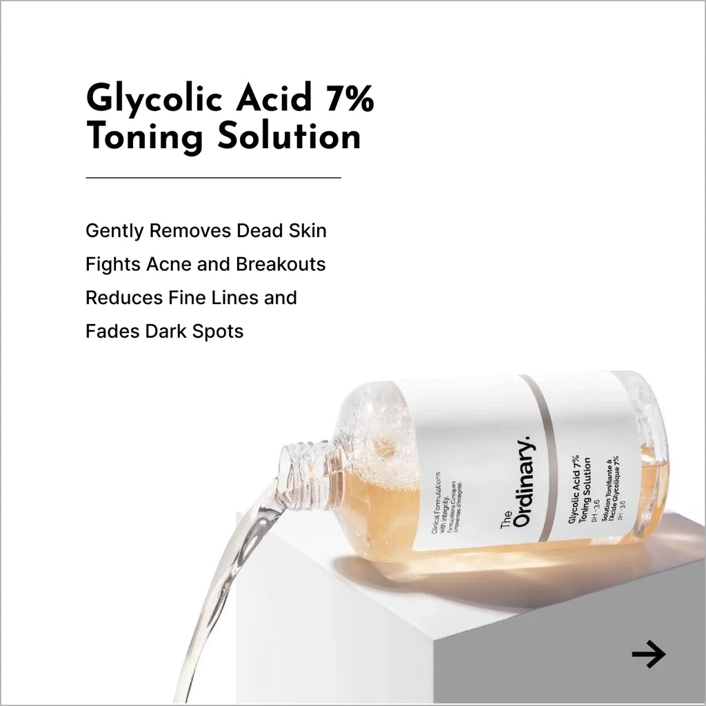 The Ordinary Glycolic Acid 7% Exfoliating Toner for brighter skin, smoother texture, pore care, and dark spot improvement at TheSkinful Pakistan.